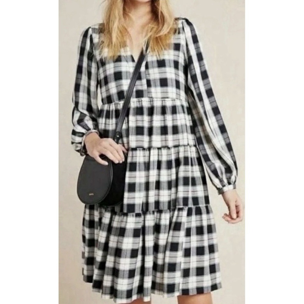 ANTHROPOLOGIE Maeve Amber Dress Size S Black Plaid Tiered Long Sleeve